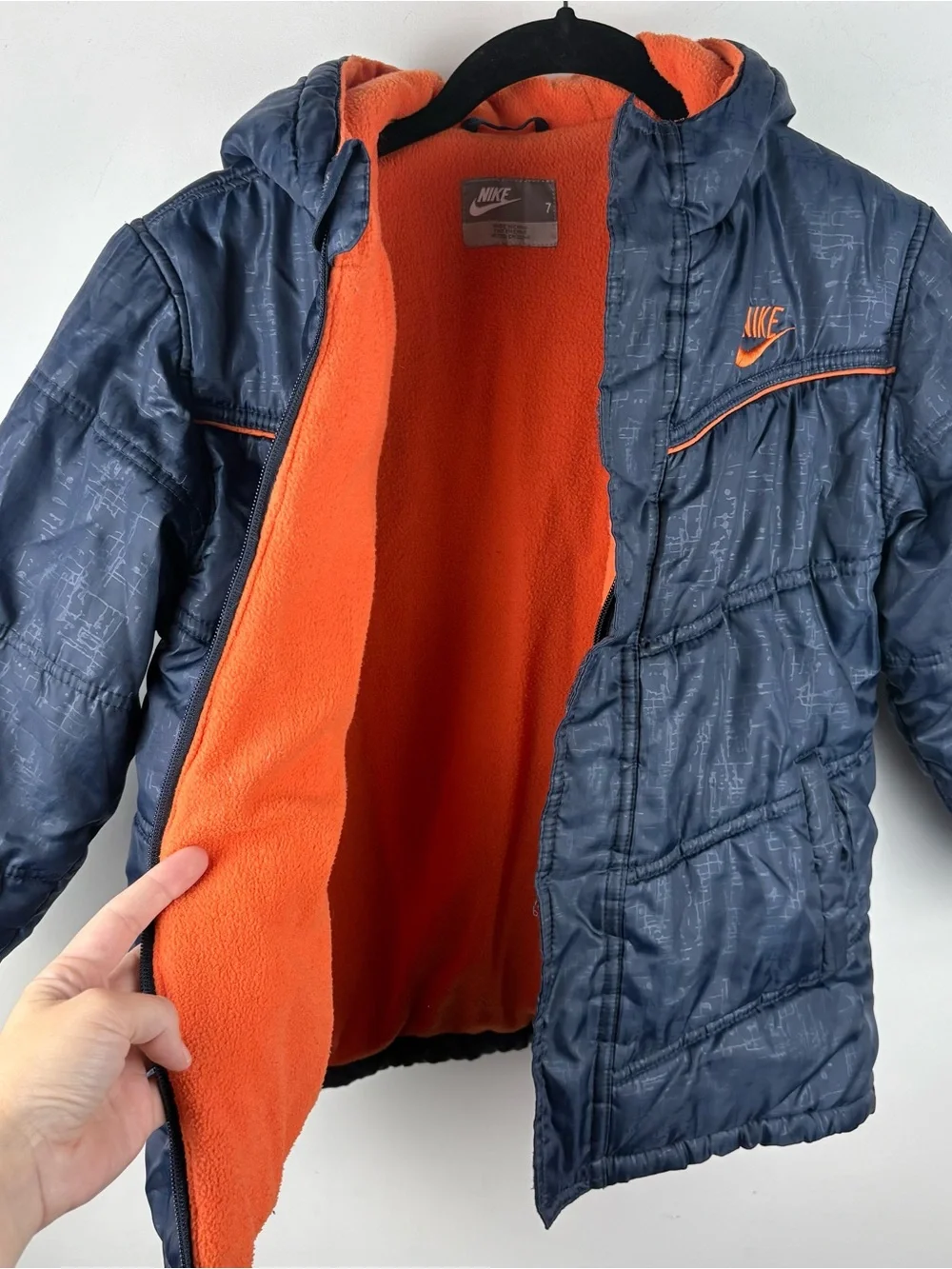 Nike Boys' Hooded Navy Puffer Winter Jacket Orange Fleece Lined Size 7 Warm Coat